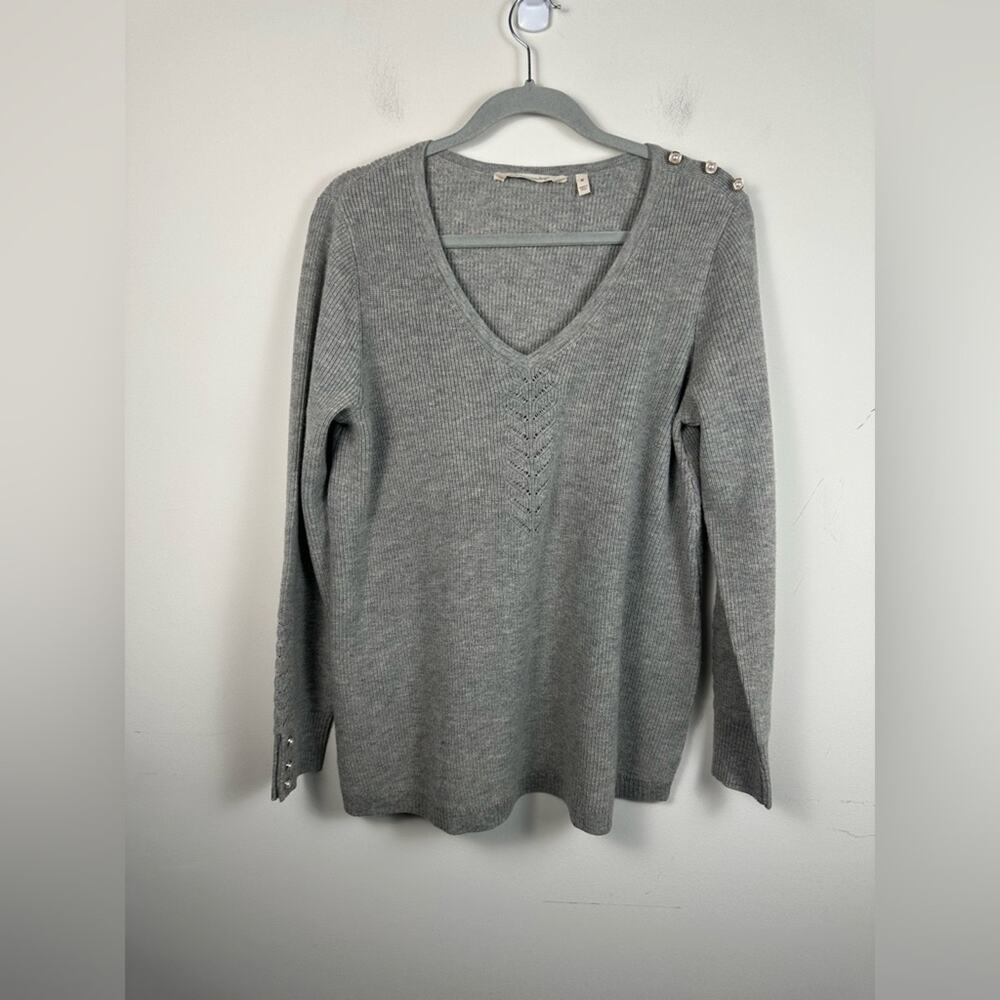 Soft Surroundings Sweater Women Medium Gray EUC Wool Alpaca Pearl V-Neck 2DK92